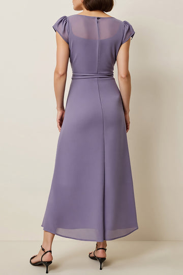 Grey Purple A Line Wedding Guest Dress with Cap Sleeves